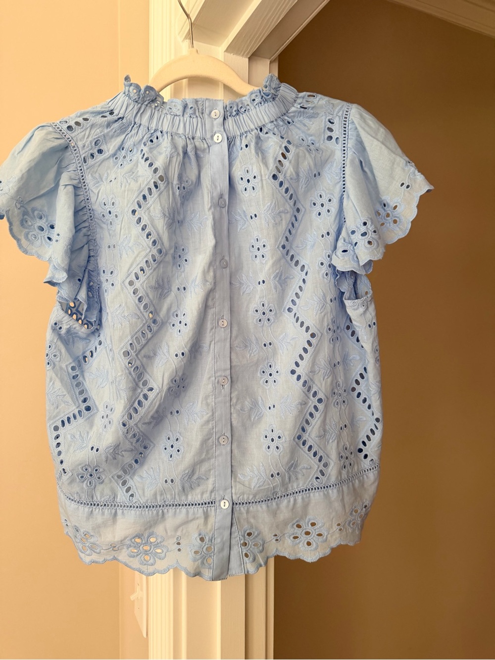 Light Blue Eyelet Ruffle Neck Blouse - Picture 2 of 4